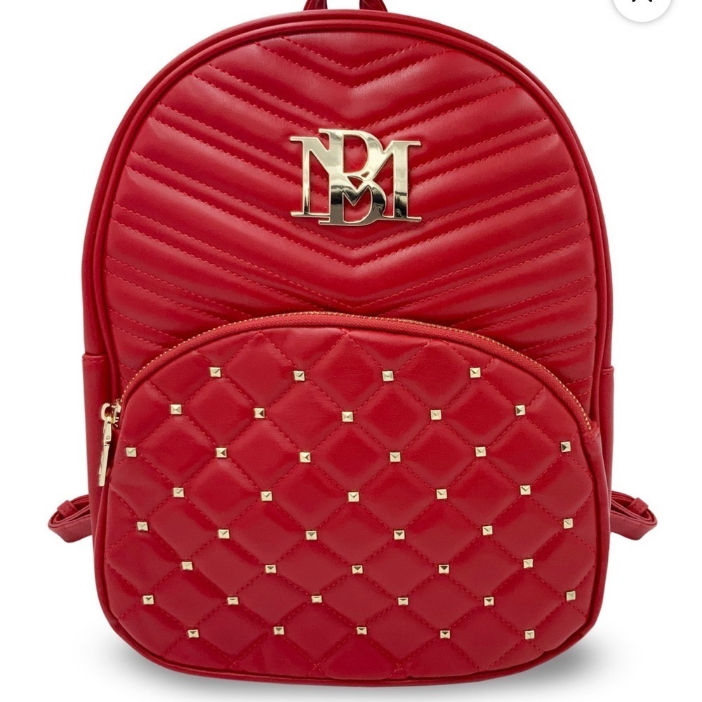 BADGLEY MISCHKA Red Studded Vegan Leather Backpack, Quilted, Gold Details OS NWT